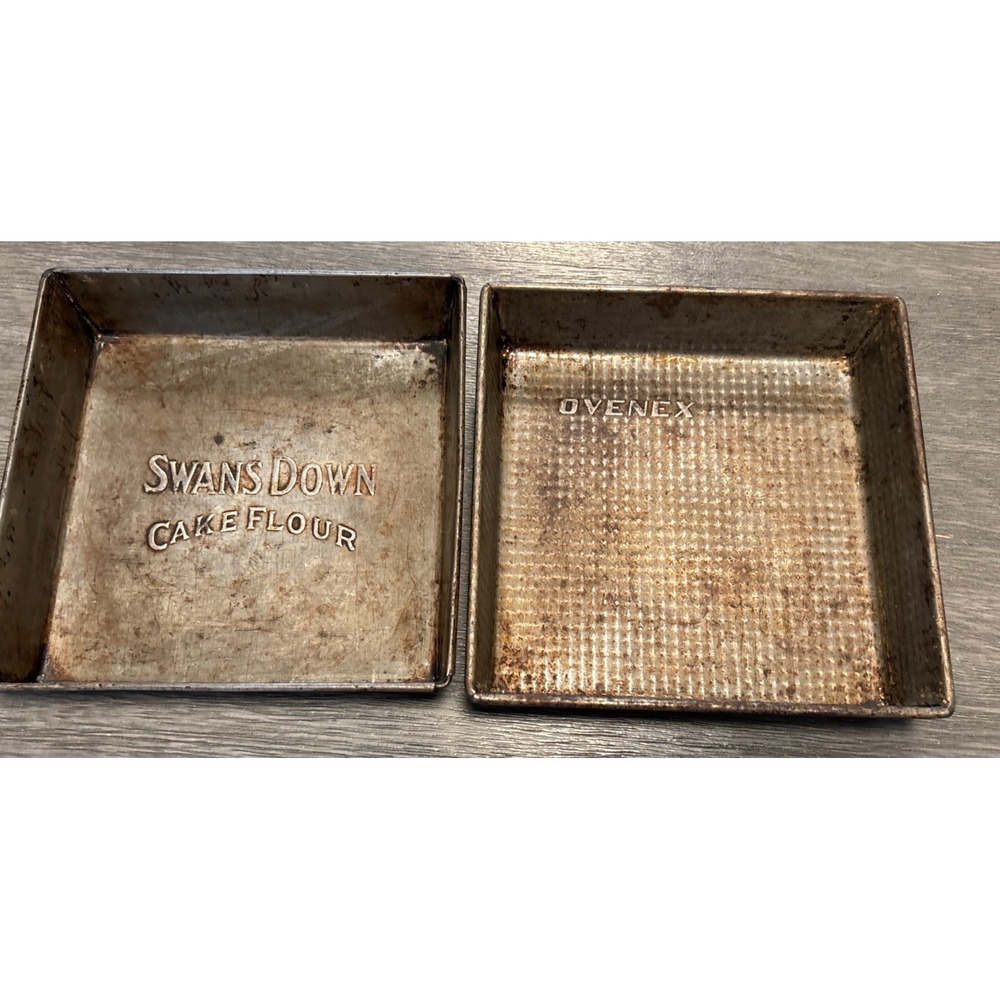 2 Vtg 1940's Swans Down Cake Flour 8" Square Metal Pan Folded Edges & Ovenex Pan